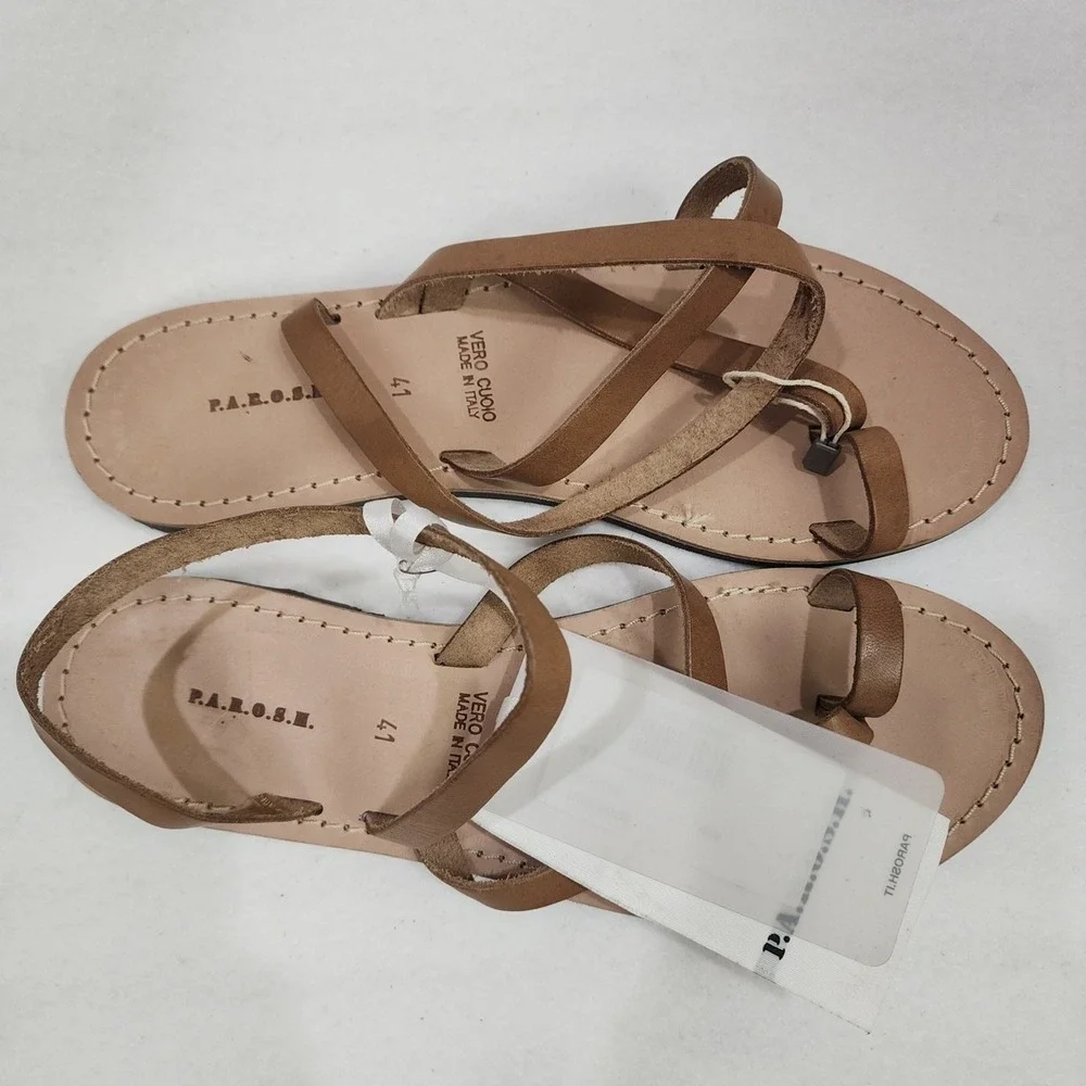 P.A.R.O.S.H. Womens Eu 41 Us 10.5 Thong Brown Leather Toe Loop Slip On Sandals
